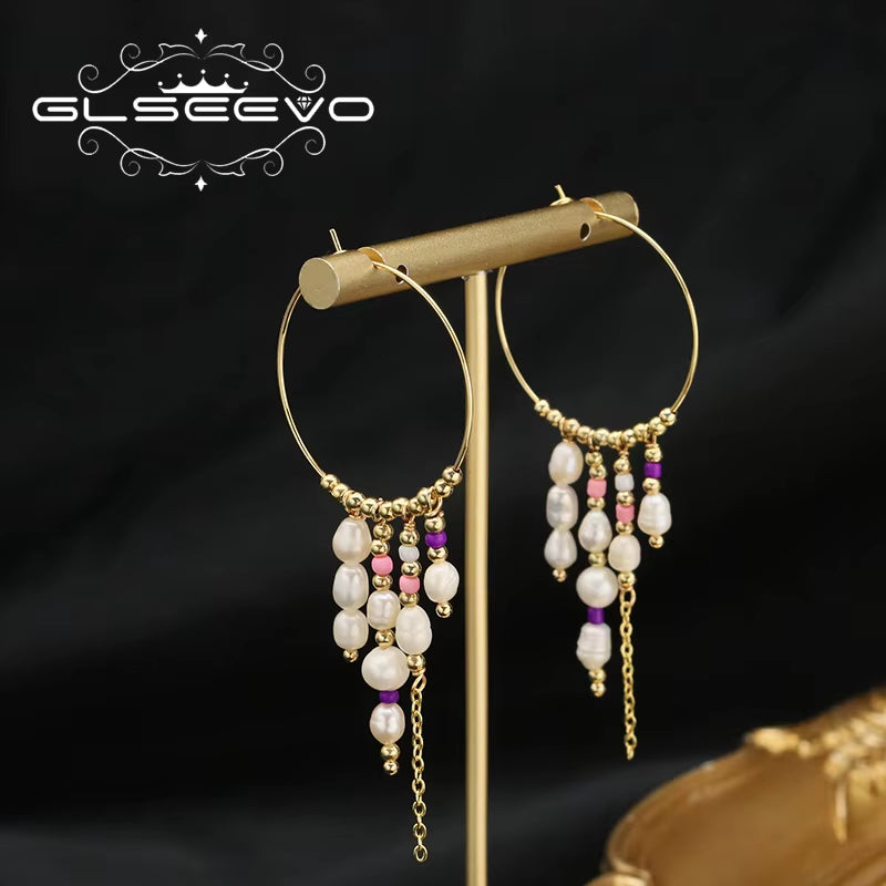 925 Sterling Silver Colorful Tassel Fresh Water Pearl Hoop Earrings Original Design Handmade Womans Luxe Jewelry GE0904