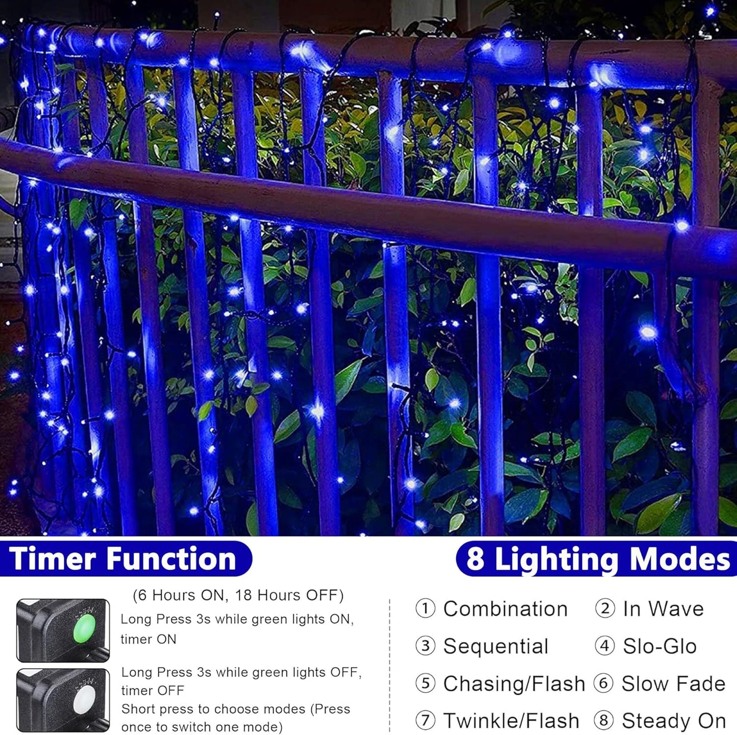 100FT 300 LED String Lights with 8 Modes Timer Connectable Waterproof Plug-In Fairy Lights for Home, Garden, Party, Holiday, Tree, Christmas Decorations (Blue)